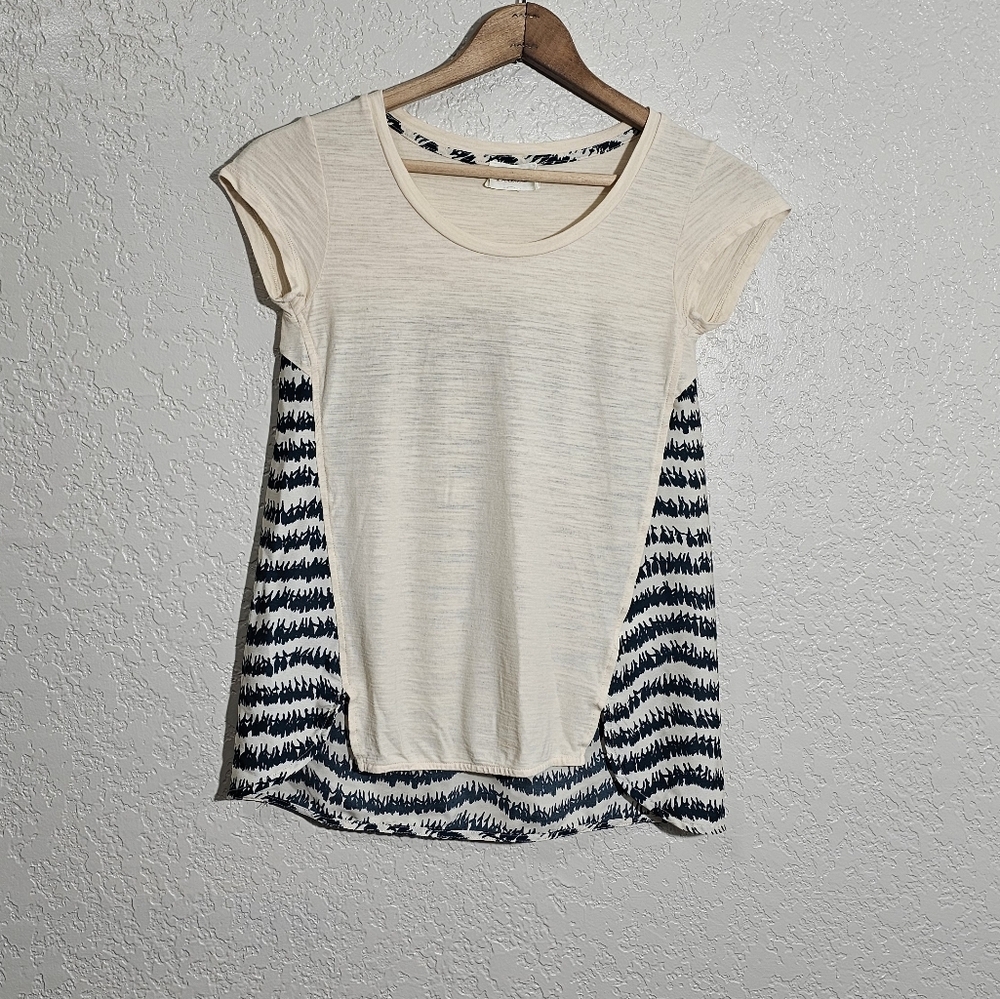 Anthro Deletta Mixed Media Beige/Dark Teal Print Tee